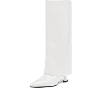 Women's White Leather Slouchy Knee High Pointed Toe Folded Shark Stylish Boot